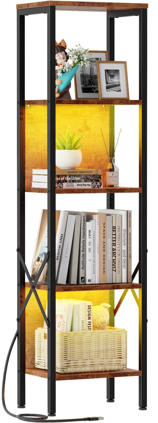 Furologee 5 Tier Bookshelf with LED Lights, Tall Display Shelf with Back, Industrial Narrow Bookcase, Metal and Wooden Corner Storage Standing Rack for Bedroom, Living Room, Office, Rustic Brown