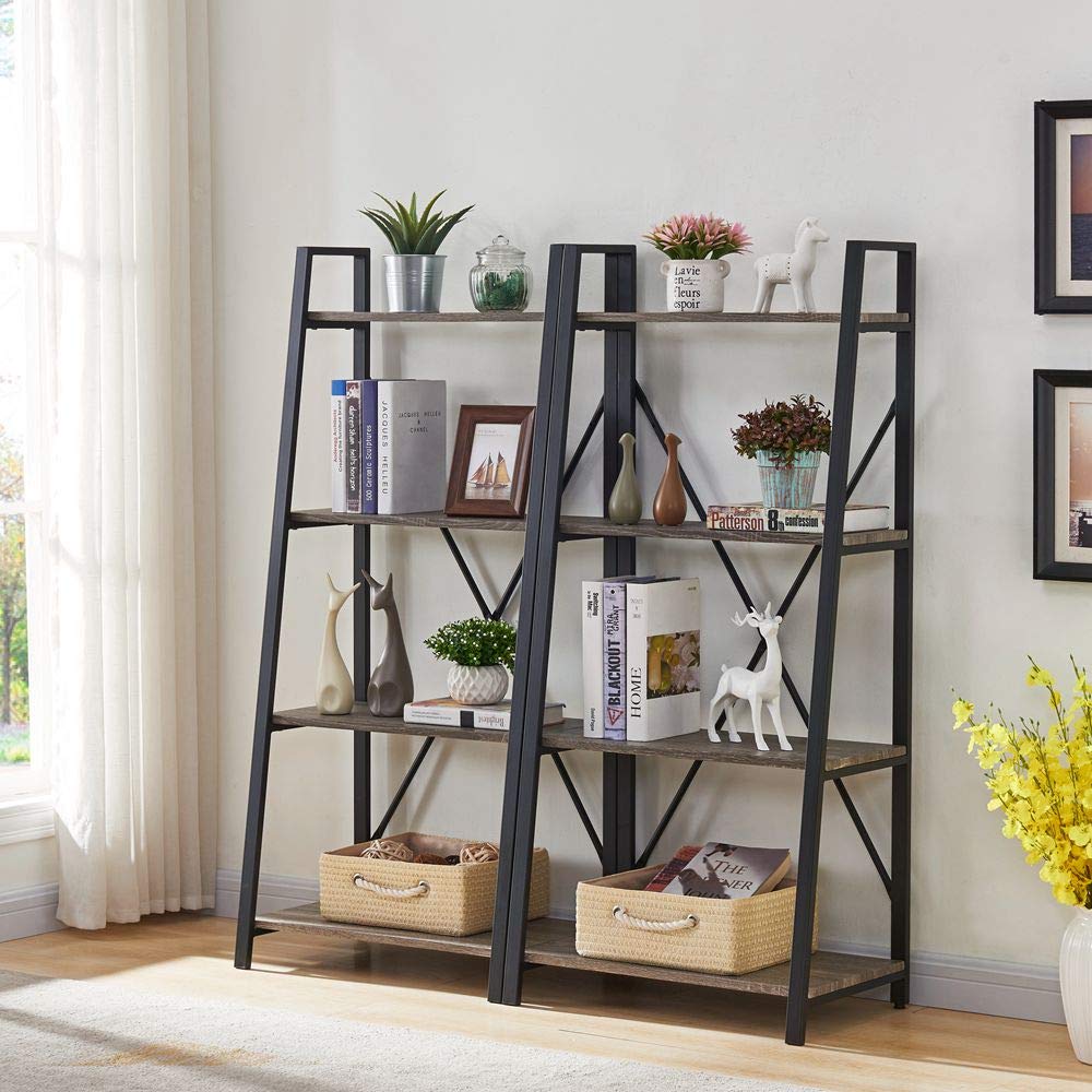 BON AUGURE Industrial 4-Tier Ladder Bookshelf in Dark Gray Oak - WoodArtSupply