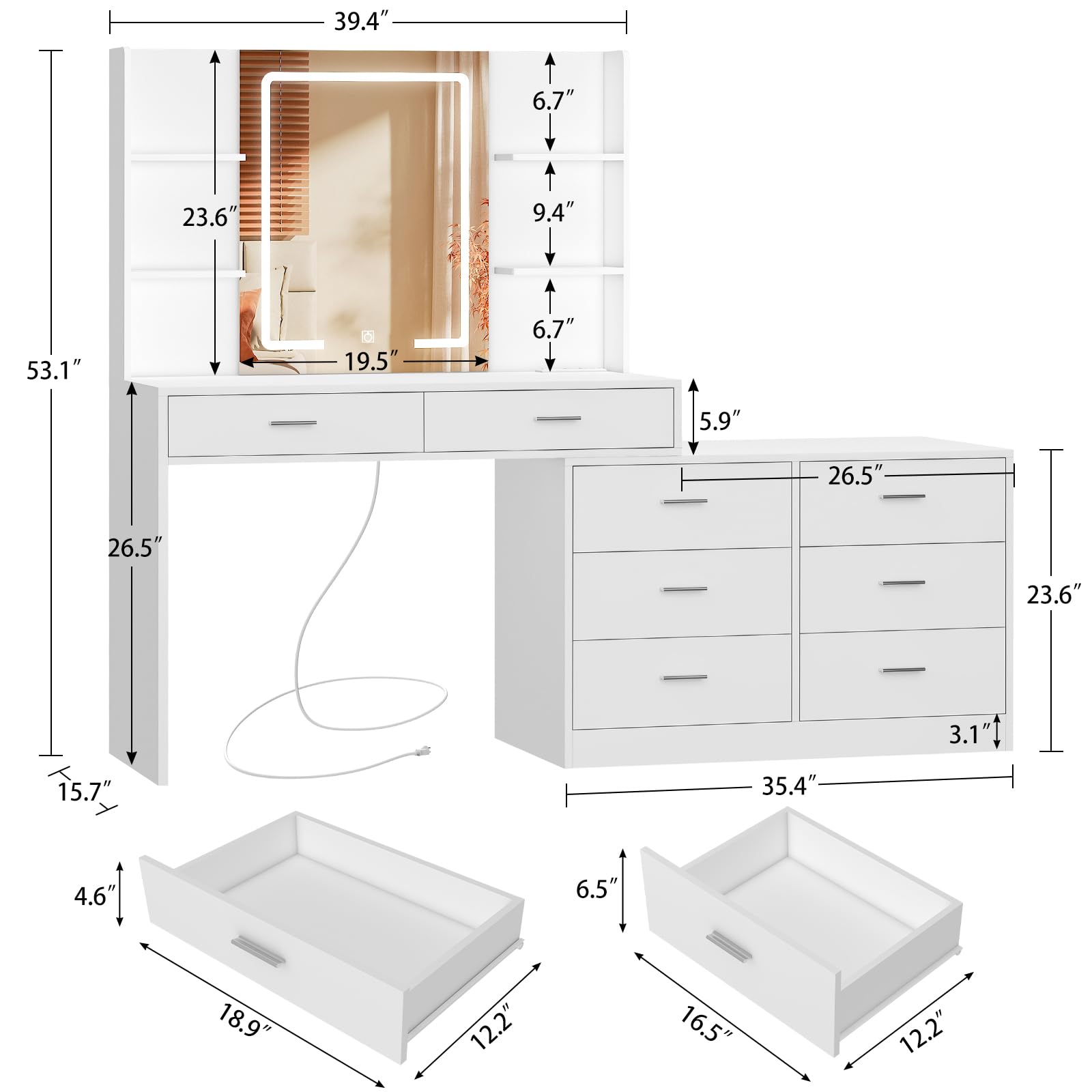 Quimoo 65.9'' Vanity Desk with LED Lighted Mirror & Power Outlet, Modern Corner Makeup Vanity Table with 8 Drawers & Open Shelves, Dressing Table for Bedroom, Makeup Room - WoodArtSupply