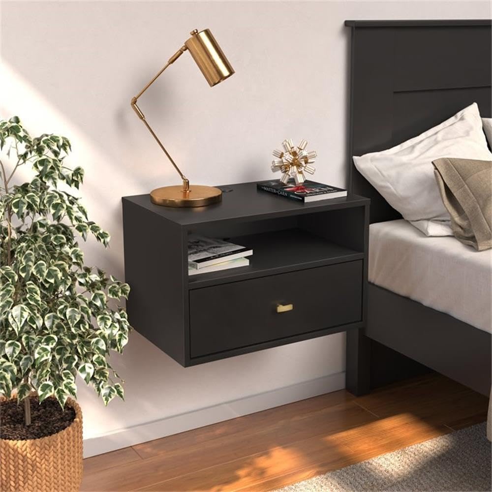 Prepac Transitional 1 Drawer Floating Nightstand With Open Shelf, 15"D x 22.5"W x 14.5"H, Black Prepac