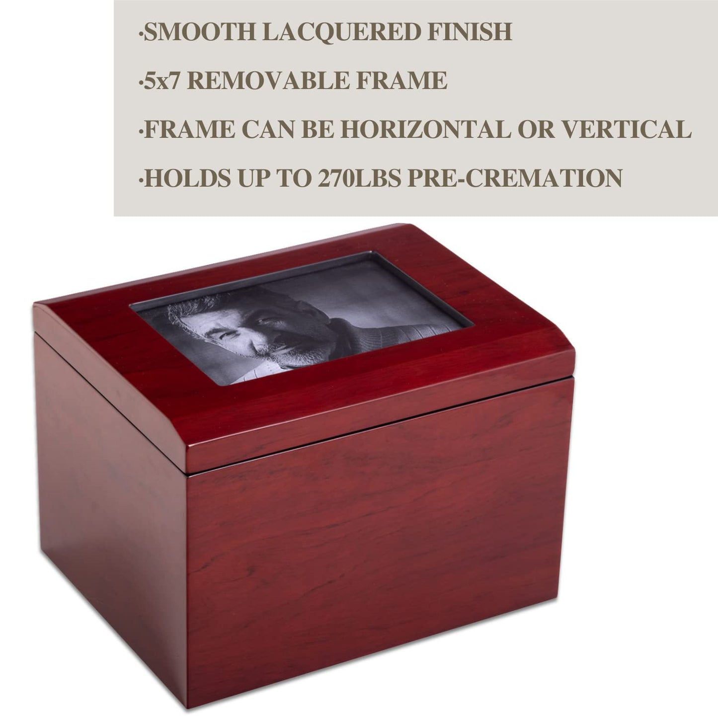 Deering Moments Custom Personalized Solid Wood Cremation Urn with Picture Frame, up to 260lb - WoodArtSupply