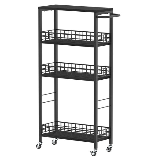 Narrow 4-Tier Rolling Storage Cart with Handle - Modern Black Utility Cart for Small Spaces - WoodArtSupply