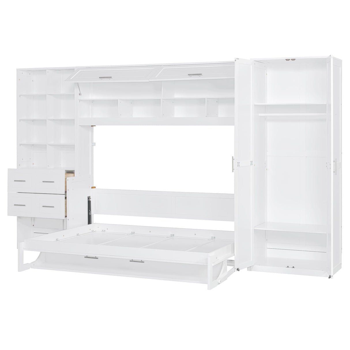 SOFTSEA Full Size Murphy Bed with Desk, Horizontal Murphy Bed with Storage Wardrobe Drawers and Shelves, Hidden Wall Bedframe for Guest Room, Bedroom, Office, White SOFTSEA