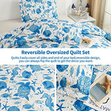 Coastal Beach Quilt Set - Queen Size Ocean Bedding Reversible Quilt Sea Turtle Blue Jessy Home