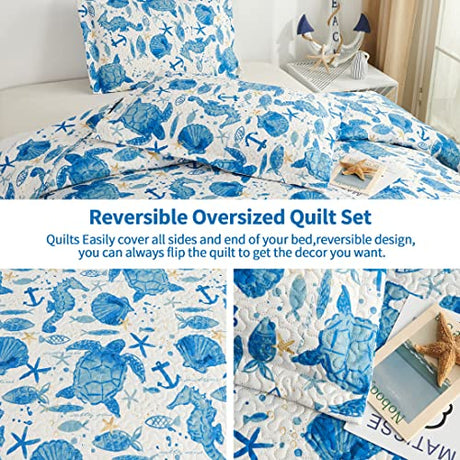 Coastal Beach Quilt Set - Queen Size Ocean Bedding Reversible Quilt Sea Turtle Blue Jessy Home