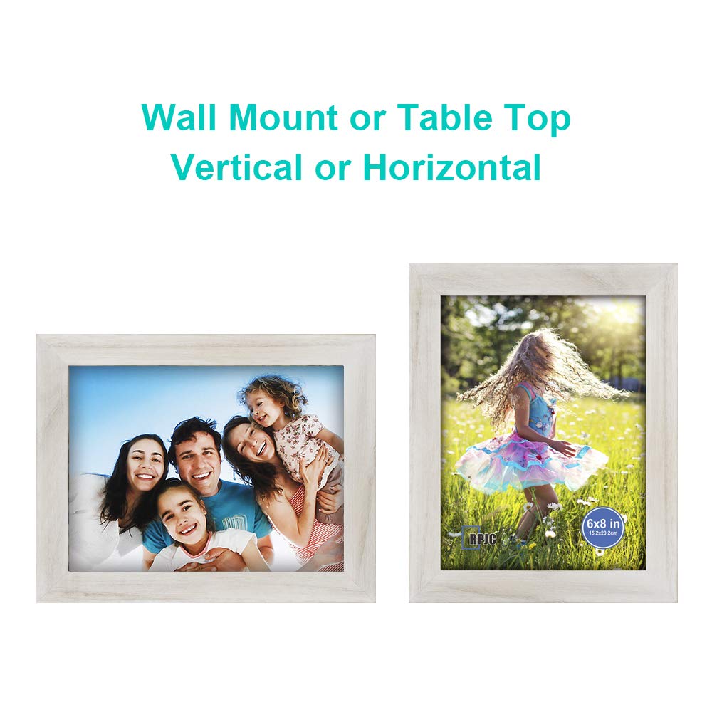 RPJC 6x8 inch Picture Frame Made of Solid Wood and High Definition Glass Display Pictures for Table Top Display and Wall Mounting Photo Frame with Stand Rustic White RPJC