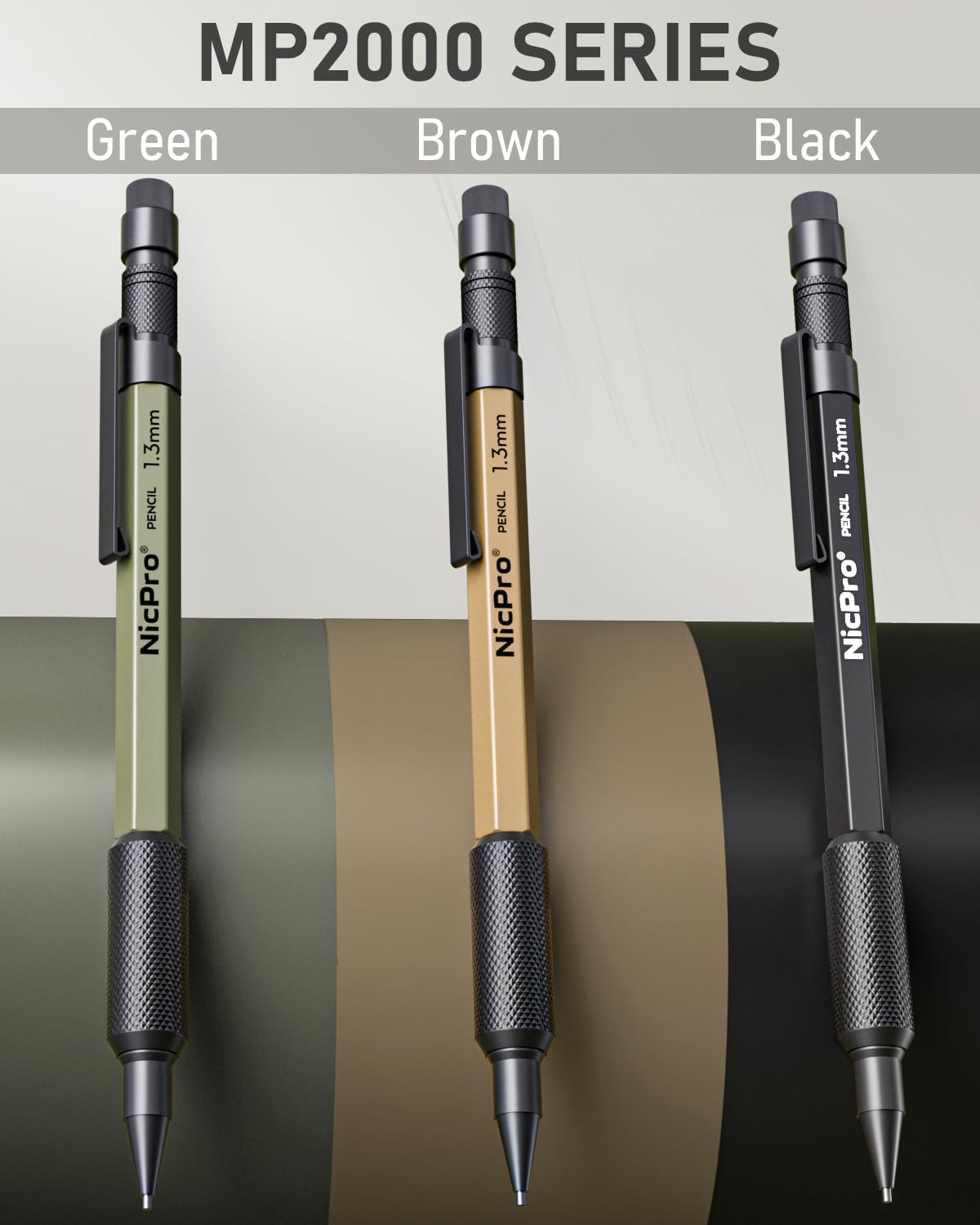 Nicpro 3 PCS 1.3 mm Mechanical Pencil Set 3 Colors with 36 Lead Refill, 3 Eraser - Weatherproof Metal MP2000 Heavy Duty Carpenter Pencil for Outdoor Marking Drafting Drawing Woodworking Nicpro