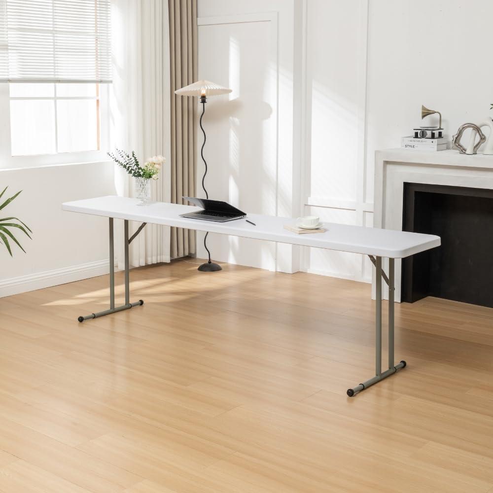 BTEXPERT 8-Foot-96 Long White Plastic Folding Seminar Training Table Portable 18" Wide Narrow, 29" High, Events Indoor Outdoor Lightweight Heavy Duty, One BTEXPERT