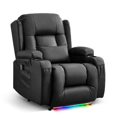 URRED Recliner Chair with Massage and Heat, Power Reclining Sofa Chair Home Theater Seating with LED Ambient Light, USB Ports, Cup Holders, Side Pockets, Faux Leather, Black URRED