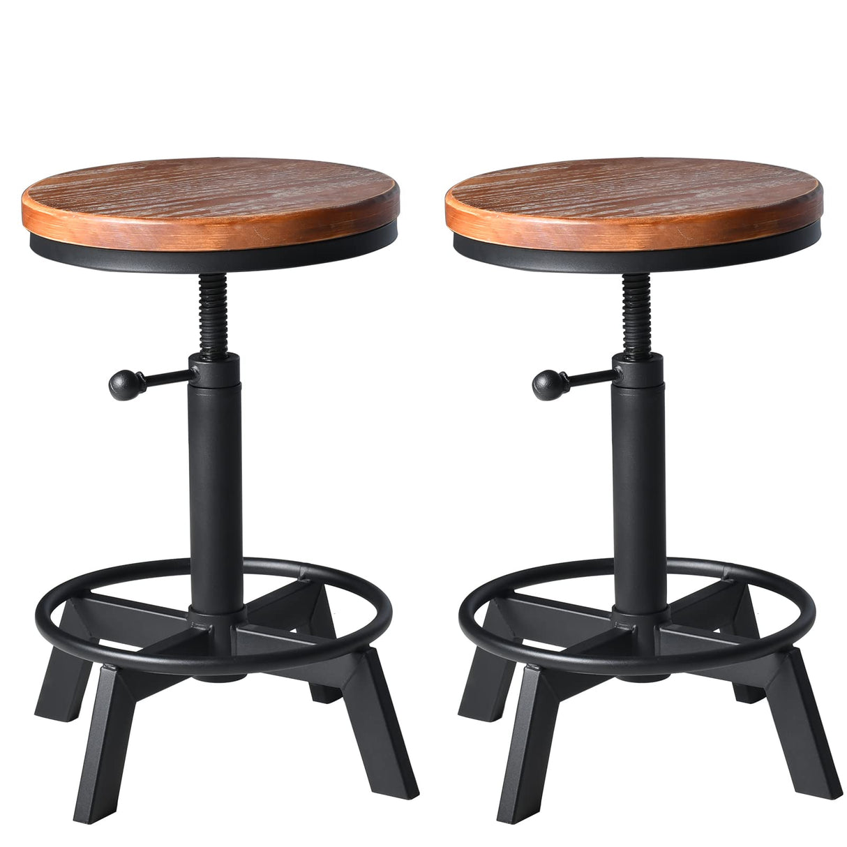 BOKKOLIK Set of 2-Industrial Bar Stool-Counter Height Chairs- Swivel Wooden Seat- Adjustable 17.7-24inch BOKKOLIK