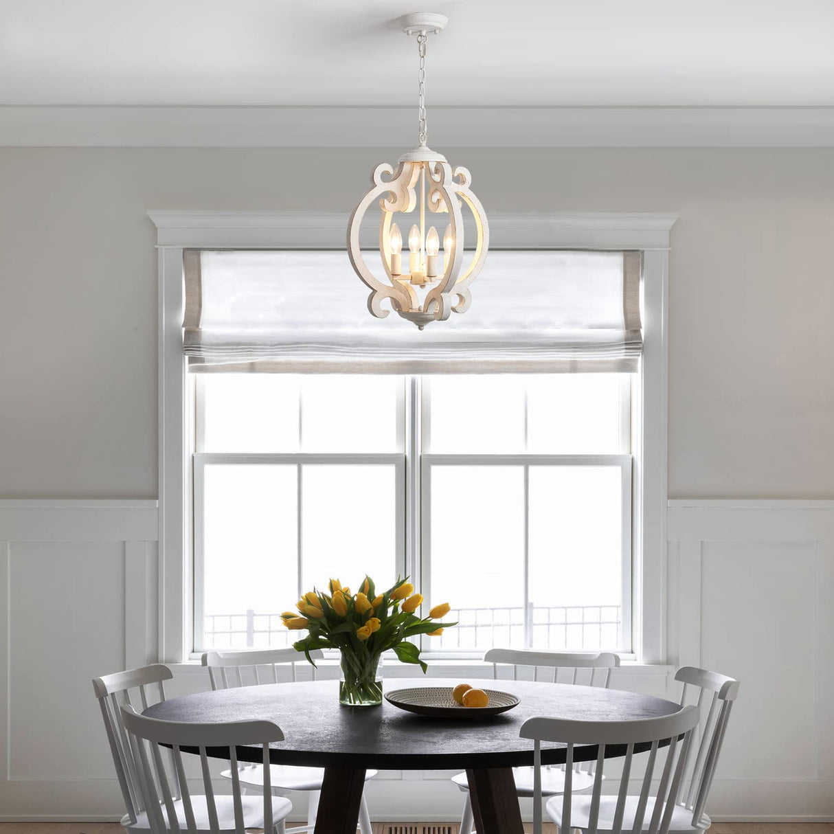 ALISADABOY Dining Room Chandelier Farmhouse Rustic White Wood Light Fixture Antique Orb Pendant Lighting for Kitchen Island Living Room Bedroom Entryway Foyer Staircase, 4 Light ALISADABOY