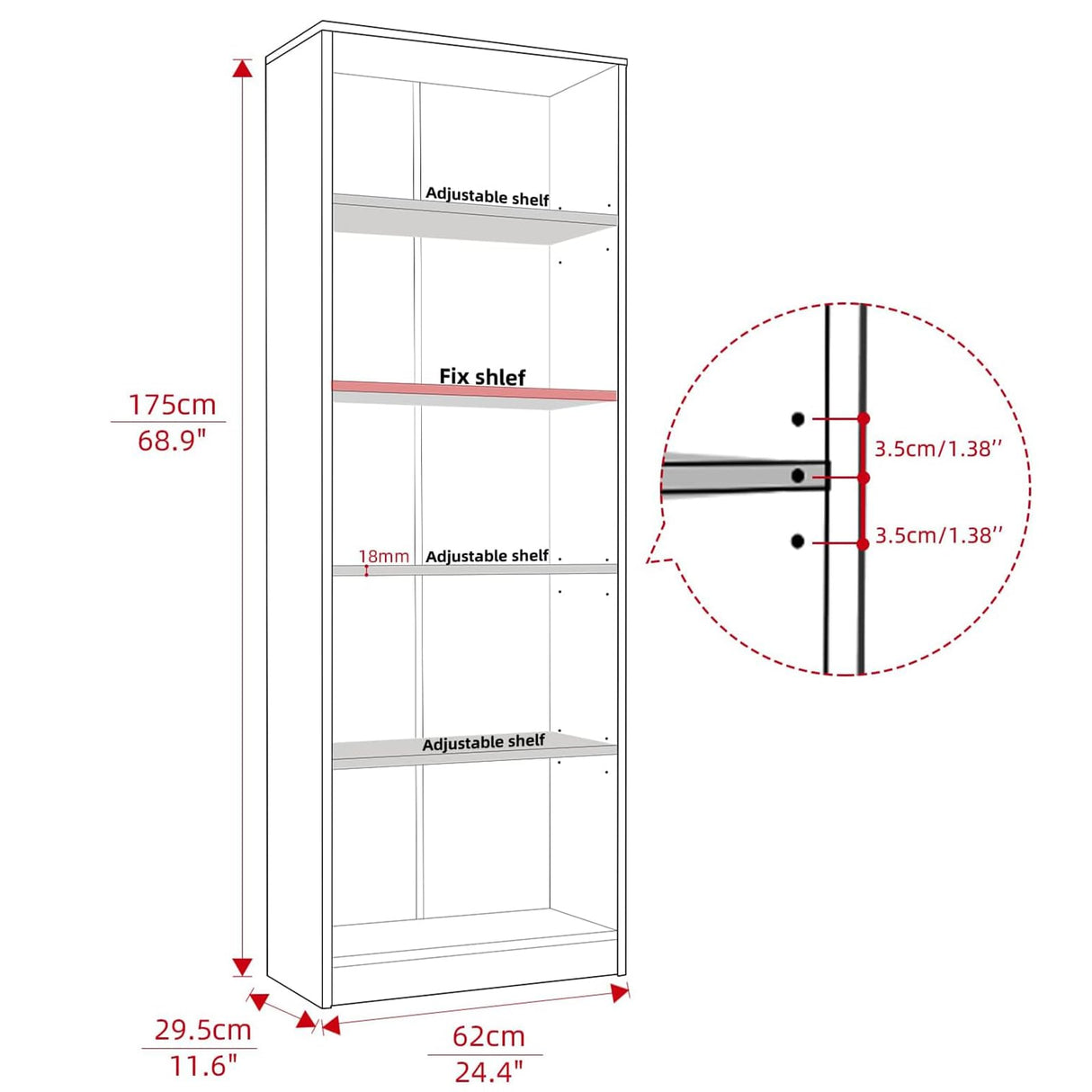 Farini Bookcase Freestanding 5 Shelf Wood Bookshelf Adjustable Shelves for Home Office,5 Layer, Mahogany Farini