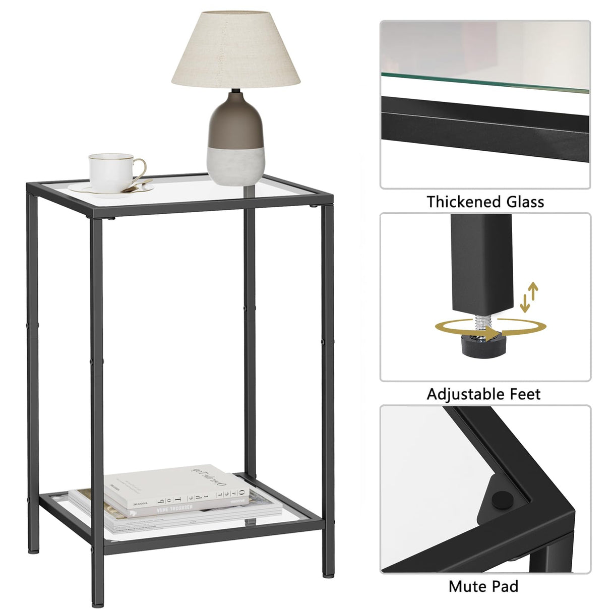 HOMSHO Side Tables Set of 2, End Tables with Tempered Glass, 2-Tier Nightstands with Storage Shelves, Slim Sofa Tables for Living Room, Bedroom, Modern Style, 11.8" D x 15" W, Black HOMSHO