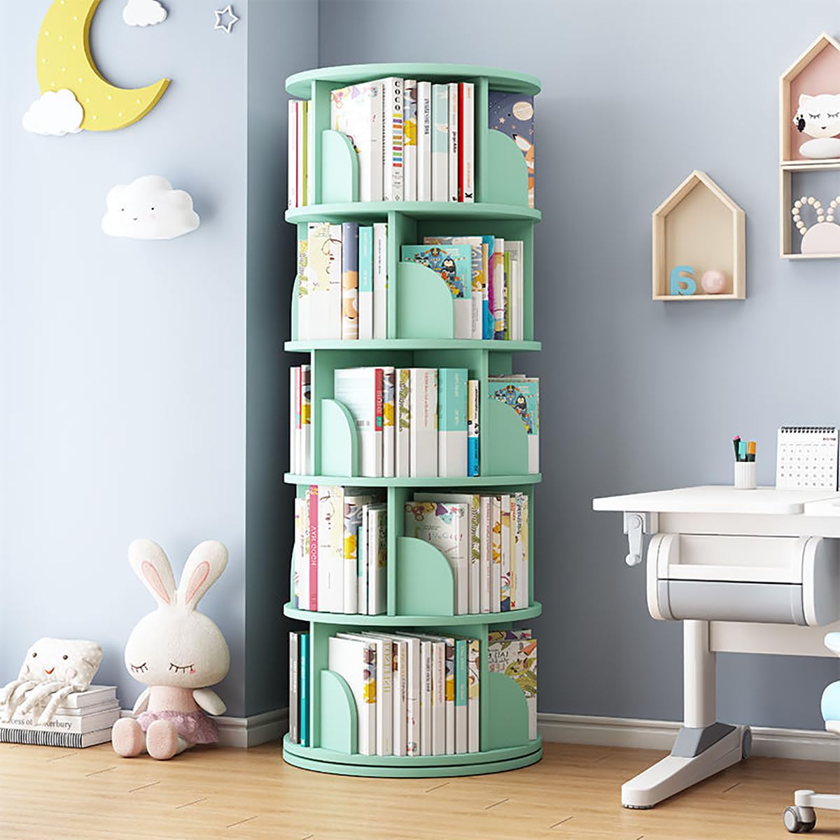 360° Rotating Bookshelf Tower for Kids & Adults - 5-Tier Wood Book Storage Rack in Green - WoodArtSupply