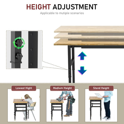 Madertool 60" Adjustable Workbench with Drawers, Rubber Wood Top Heavy-Duty Workstation, 2000 LBS Load Capacity Hardwood Worktable with Power Outlets, for Workshop, Garage, Office, Home - WoodArtSupply