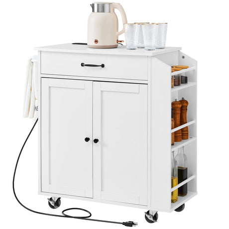 VEVOR Kitchen Island Cart, 32" Mobile Carts with Storage Cabinet, Rolling Table with Power Outlet, Spice Rack, Towel Bar, Adjustable Shelf, Drawer, Dining Living Room Portable Islands on Wheels, White VEVOR