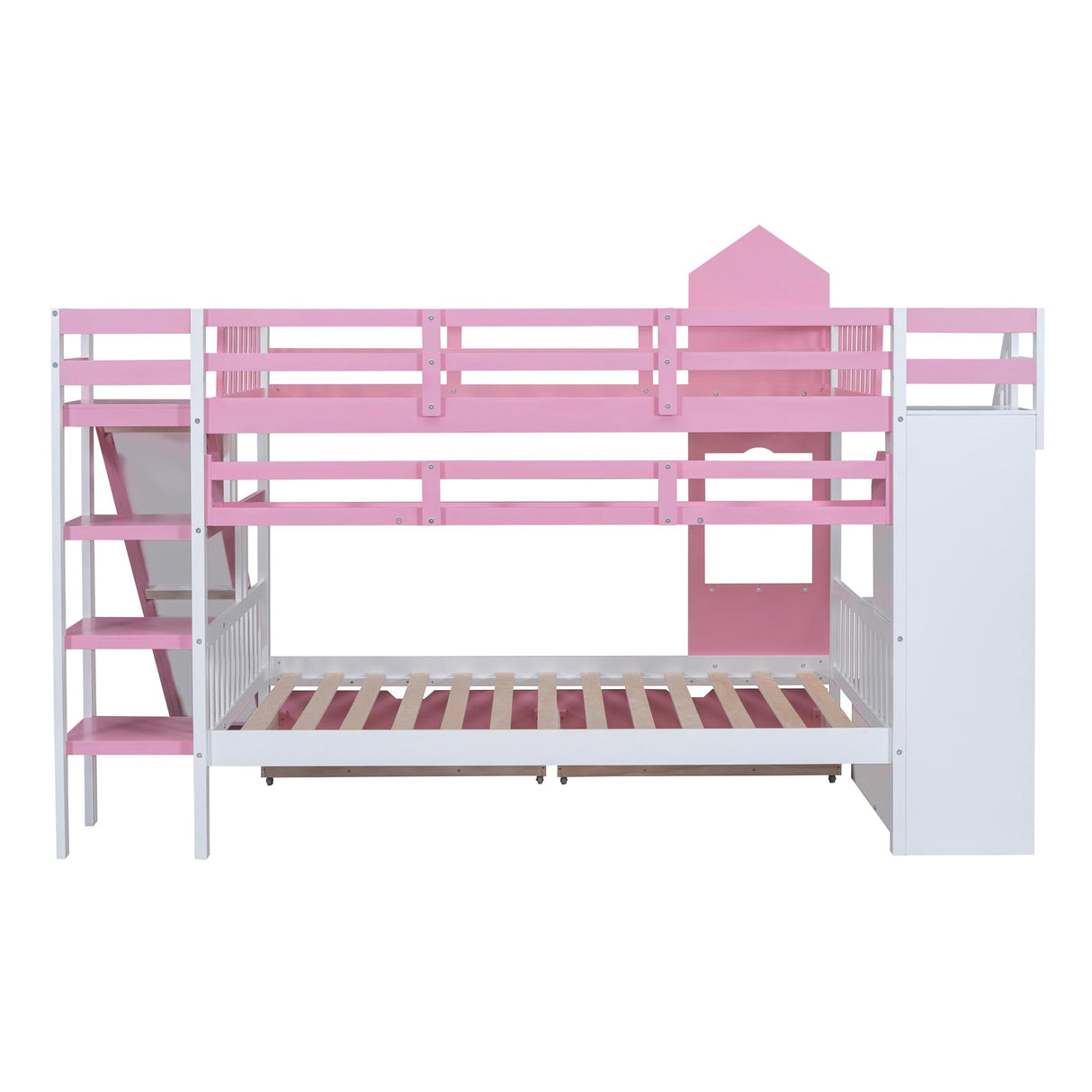 Kids Full Bunk Bed with Stairs and Slide, Wood Full Over Full Bunk Bed with Storage Drawers and Shelves, Castle Style Bunk Beds for Kids Teens Girls Boys, Pink Bellemave