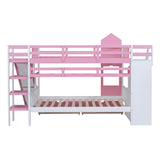 Kids Full Bunk Bed with Stairs and Slide, Wood Full Over Full Bunk Bed with Storage Drawers and Shelves, Castle Style Bunk Beds for Kids Teens Girls Boys, Pink Bellemave