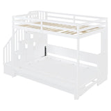 Merax Full Over Full Farmhouse Loft Bed with Murphy Cabinet Bed w/Hydraulic Lift, Solid Wood Wall Bunk Bed with Storage Staircase, Shleves & Desk/No Box Spring Needed/Easy Assemble/White Merax