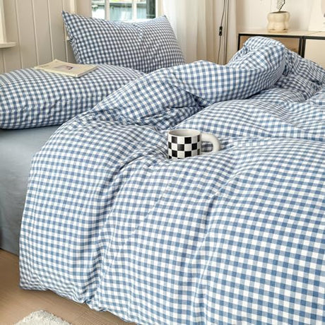 LifeTB Blue Gingham Comforter Set King 3 Pieces Modern Plaid Checkered Pattern Comforter Gingham Bedding Set Fluffy Soft Grid Plaid Bedding Comforter Farmhouse Checkered Comforter Set King Size LifeTB
