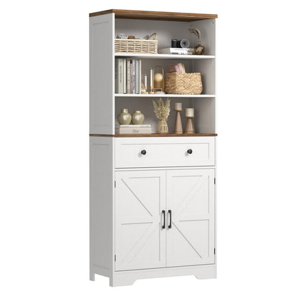 71"H Farmhouse Storage Cabinet with Barn Doors and Adjustable Shelves, Tall Kitchen Pantry Cabinet, Floor Standing Bookshelf 5 Tier Bookcase for Living Room, Garage, Basement,Bathroom, White