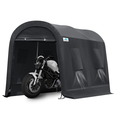 ADVANCE OUTDOOR 7x12 ft Shelter Storage Shed Steel Metal Round Peak Roof Portable Garage Carport for Motorcycle, Boat, or Garden Tools with 2 Roll up Doors & Vents, Gray ADVANCE OUTDOOR