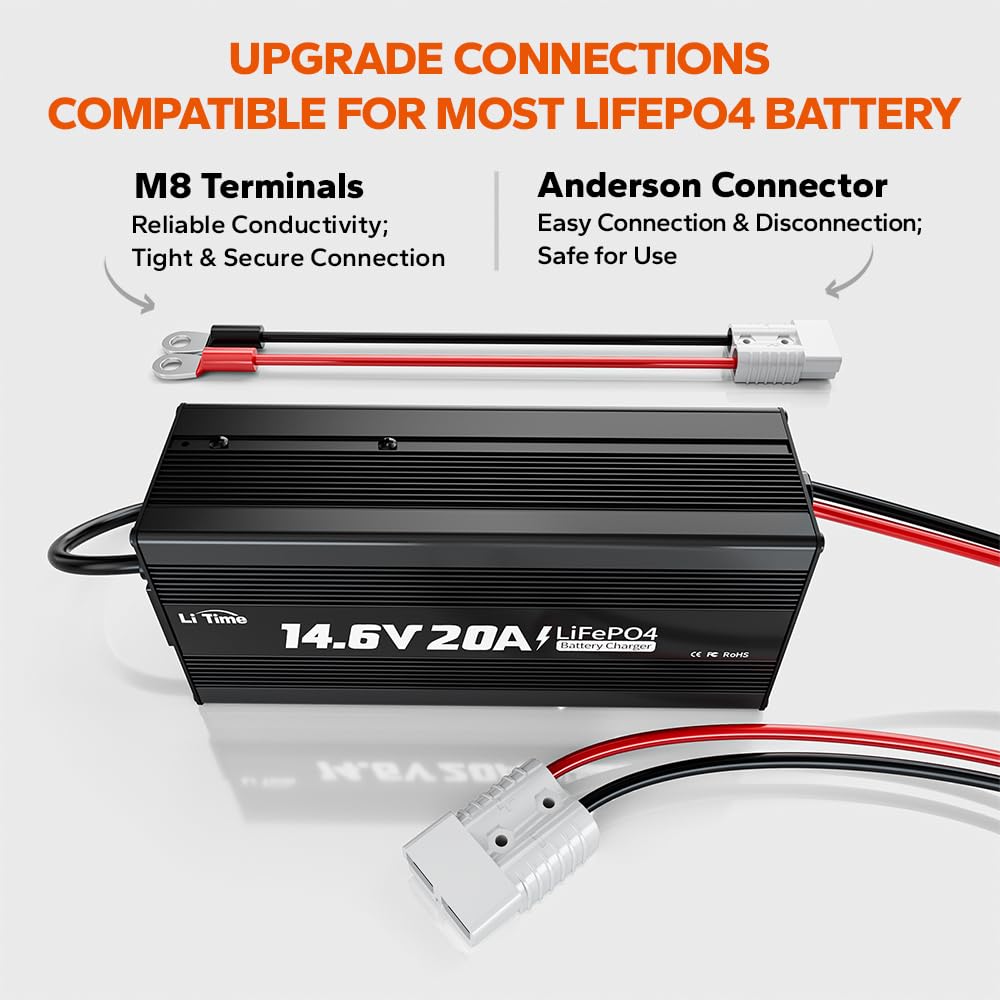 LiTime 12V 20A Lithium Battery Charger 14.6V LiFePO4 Battery Charger AC-DC Smart Charger with Anderson Connector LED Indicator Special for Lithium LiFePO4 Deep Cycle Rechargeable Batteries of Boat, RV Litime