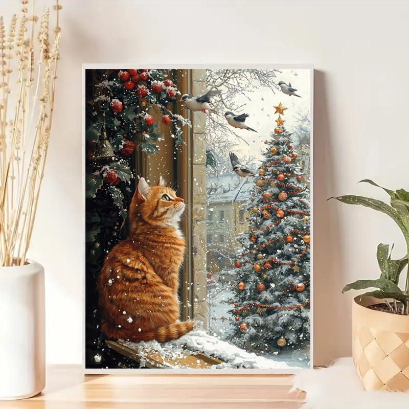 Cat Paint by Numbers Kit for Adults,Winter Painting by Numbers,DIY Acrylic Paint Kit for Adults Beginners Without Frame,Easy Christmas Adult Paint by Number Kits on Canvas for Decor 16x20inch Canrichshop