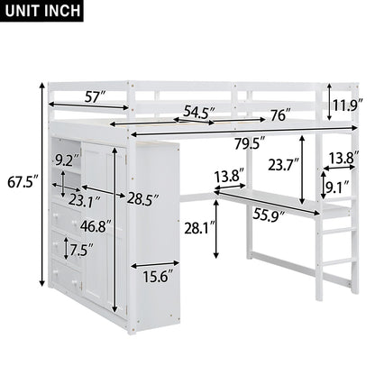 White Full Size Loft Bed with Desk & Wardrobe, Solid Wood Kids Loft Bedframe w/3 Storage Drawers & 2 Shelves, Maximum Space Design, for Bedroom, Dorm