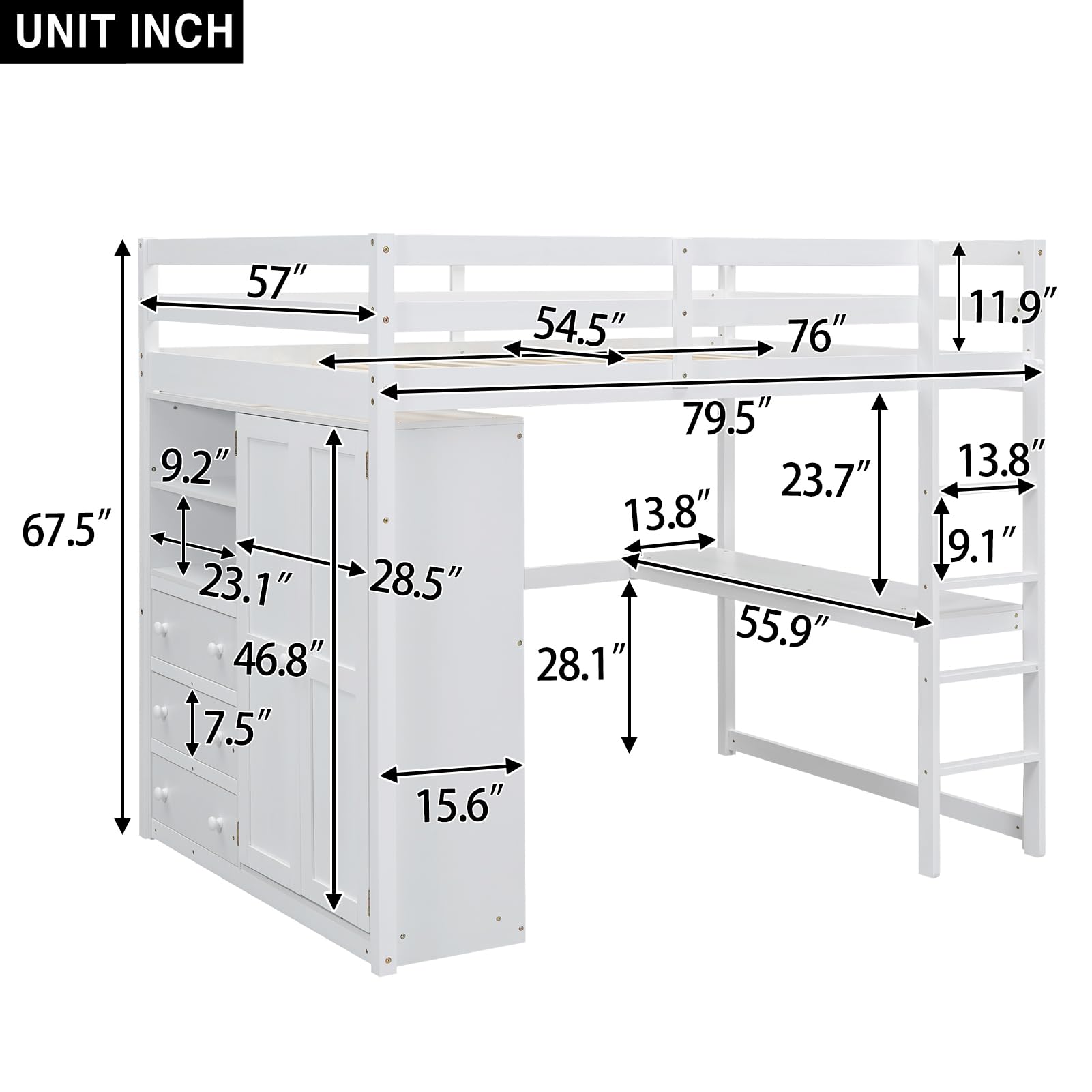 Full Size Loft Bed with Desk and Wardrobe Storage - BIADNBZ Wooden Bedframe in White - WoodArtSupply