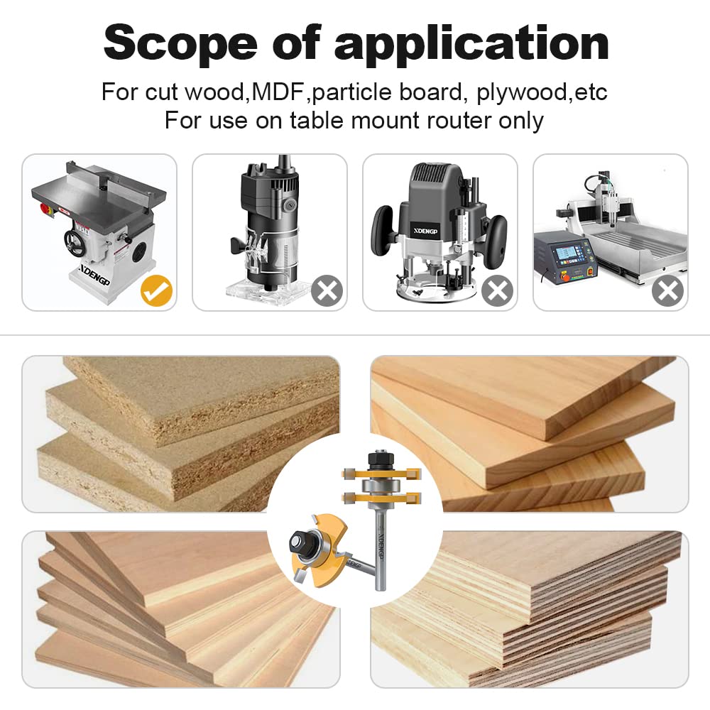 XDENGP Professional 2 PCS Tongue and Groove Router Bit Set 1/4 Inch Shank, 3 Teeth T Shape Wood Milling Cutter Woodworking Tools, Matched Oak Hardwood Floor Wainscoting Boards Joinery Router Bit XDENGP