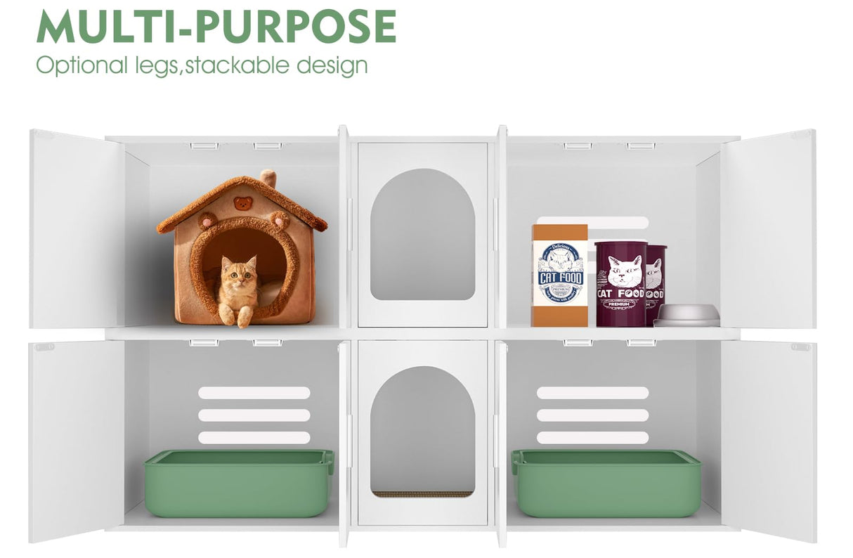 Amunrbrek Double Litter Box Enclosure, Litter Box Enclosure for 2 Litter Boxes, Modern Litter Box Furniture for 2 Cats, with Cat Door & Motion Light (White) amunrbrek