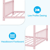 Karl home Twin Size Toddler Floor Bed, Metal Montessori Bed with Slats & Fence, Roof/House/Canopy Bed Frame for Girls, Boys, No Box Spring Needed, Pink Karl home
