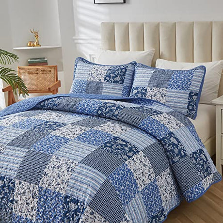 Mybedsoul Blue Boho Quilt Set King Size,3 Pieces Plaid Floral Bedspread Coverlet Set for All Season,Patchwork Reversible Bedding Set King 90"x104" Mybedsoul