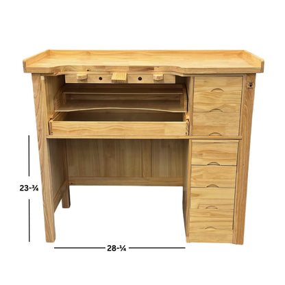 Jewelers Workbench Solid Wood Station with Seven Utility Storage Drawers and Top Shelf Organizer