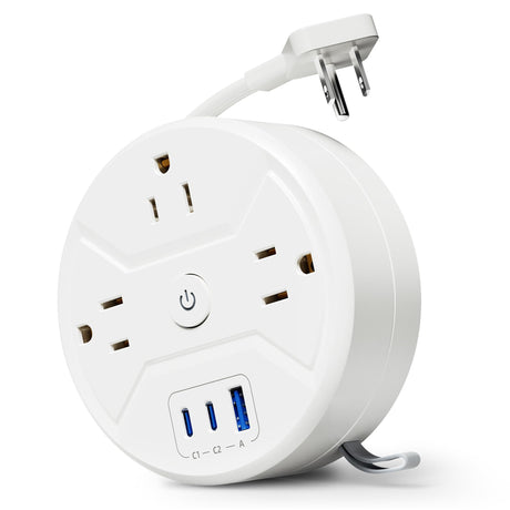 PD 20W C Travel Power Strip, SUPERDANNY 5ft Retractable Extension Cord Fast Charging Station, Portable 3-AC & 3-USB Flat Plug Extension Cord for Home Office, Business Travel, Trip, Cruise, White SUPERDANNY