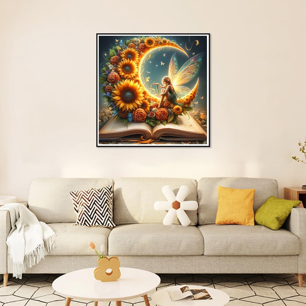 Ekuxom Fairy Diamond Painting Kits for Adults, Moon Fairy Diamond Art Kits for Adults, Round Book Diamond Painting Full Drill Book Diamond Art Painting for Home Wall Decor 14x14 inch Ekuxom