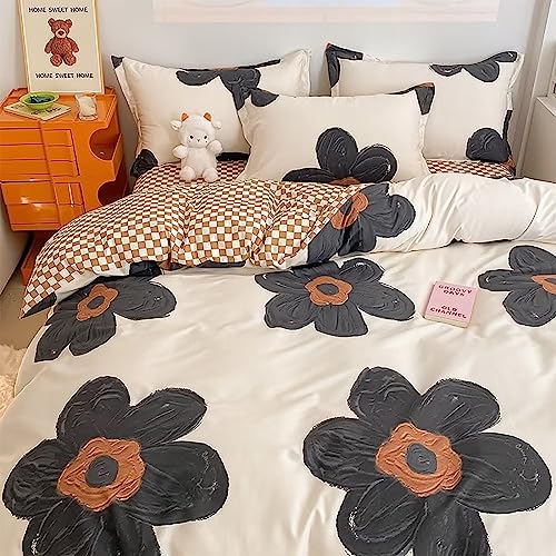 Houseri Black and White Floral Comforter Set Full for Teen Girls Kawaii 3D Sunflower Bedding Comforters Sets Full Size Black Botanical Comforter Cute Relief Print Beige Brown Plaid Bedding Sets Full Houseri