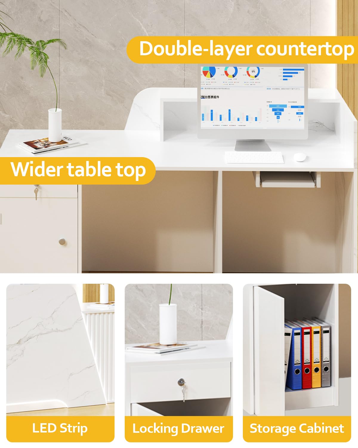 White Reception Desk, Solid Wood Reception Desk with Counter, Check Out Stand with Lockable Drawer & Cabinet, Retail Checkout Counter for Office, Store, Beauty Salon (White Grille-R, 63in) Gguileb