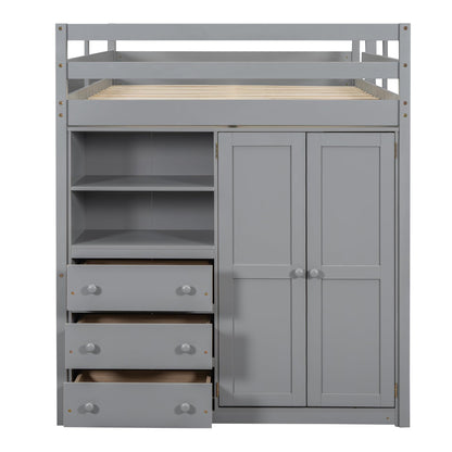 Harper & Bright Designs Full Size Grey Loft Bed with Wardrobe, Desk, and Storage Solutions - WoodArtSupply