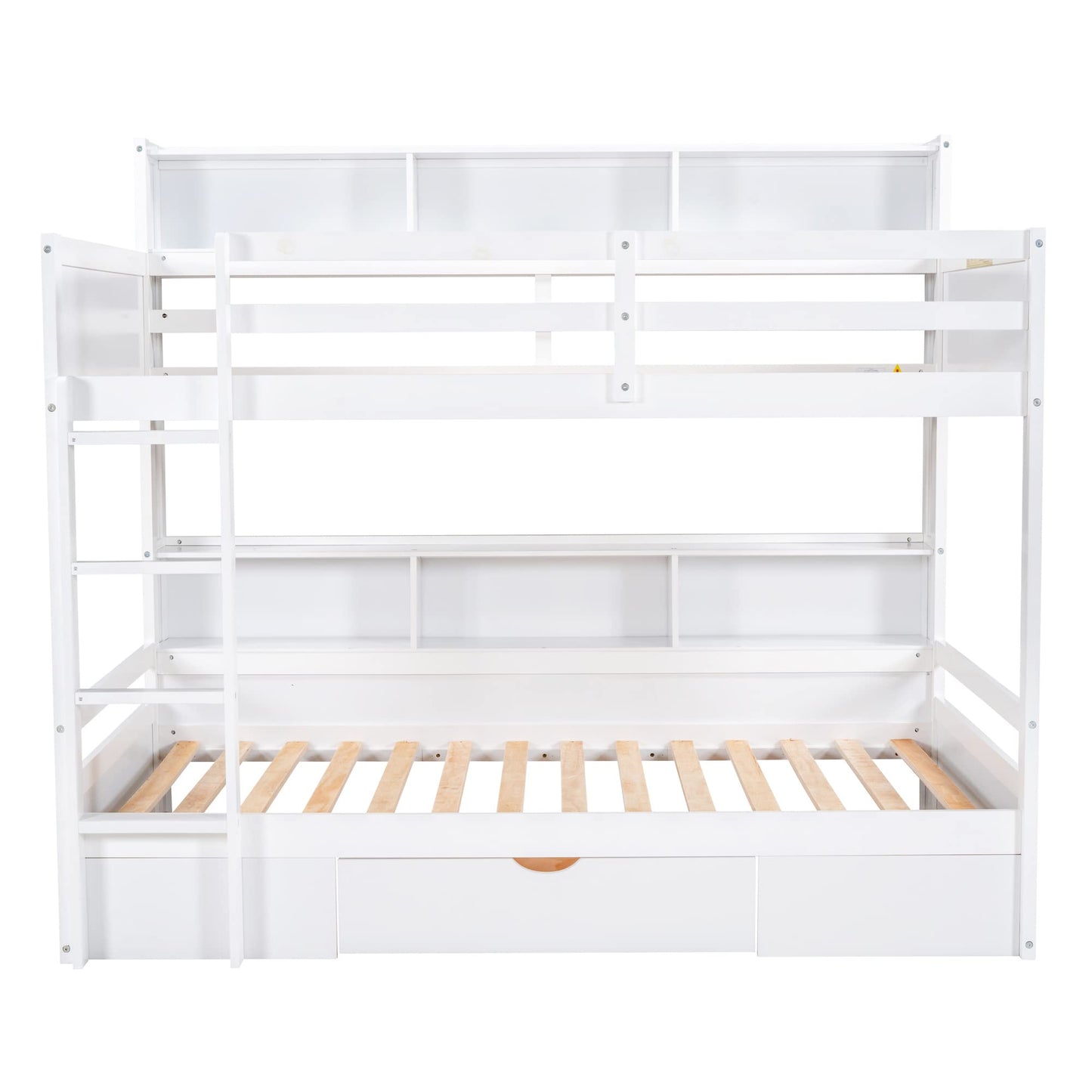 Twin Over Twin Solid Wood Bunk Bed with Storage Drawer and Built-in Shelves by Harper & Bright Designs in White - WoodArtSupply