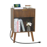Fultyle Mid Century Modern Nightstand with Charging Station, Modern Bedside Table with Fluted Drawer and Storage Shelf, End Side Tables Living Room for Bedroom, Office (Rustic Brwon) Fultyle