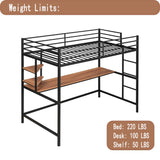 HomJoones Loft Bed with Desk, Loft Bunk Bed Over Desk and Bookcase with Metal Frame, 12.8" H Safety Guardrail, Noise Free, No Box Spring Needed, Twin (Black) HomJoones
