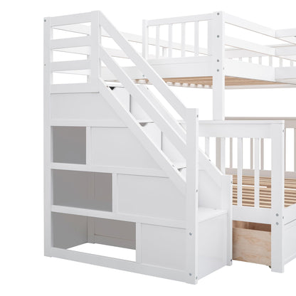 VilroCaz Modern L-Shaped Twin-Twin Over Full Bunk Bed with Staircase and 3 Storage Drawers, Solid Wood Triple Bed with Portable Desk and Wardrobe for Adults Teens Kids, Maximized Space (White-3t)