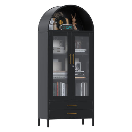 JAORD 73'' Arched Display Cabinet, Metal Freestanding Accent Kitchen Pantry Arch Cabinets with Glass Doors&Drawers for Storing Food China Book Curio Home Bookcase Living Room, Assemble Require, Black JAORD