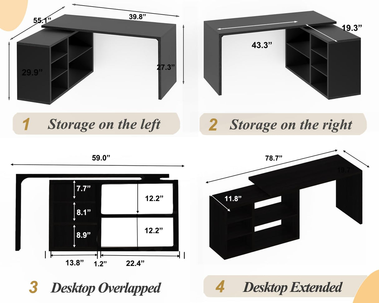HSH Black L Shaped Computer Desk, Corner Desk with Storage Cabinet Drawer Shelves, Reversible Industrial Wood Executive Workstation, L-shaped Home Office Table for Work Study Writing Gaming, 55 Inch HSH
