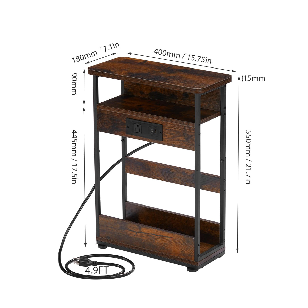 Narrow Side Table With Charging Station, 3-Tier End Table with 2 USB Ports & Power Outlets,Thin Sofa Side Table for Narrow and Small Spaces, Bedside Table Nightstand for Living Room/Rustic Brown YEAKOO