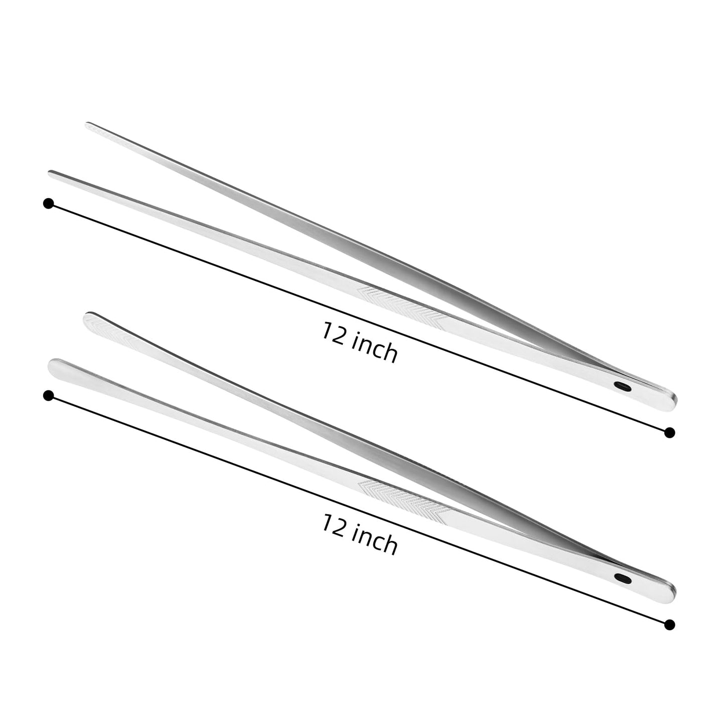 ChefBee Kitchen Cooking Tongs Tweezers - 2PCS 12" Stainless Steel Kitchen Utensils, Metal Fine Tweezers Tongs with Precision Serrated Tips for Chef, Serving Food, Grill, Culinary, Pasta, Salad, BBQ