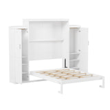 Merax Queen Size Wood Murphy Bed, with 2 Wardrobe and Storage Shelf, Multifunctional Foldable Wall Platform Bedframe for Guest-Room, Bedroom, White Merax