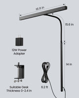 SUPERDANNY LED Desk Lamp for Office Home, Eye-Caring Desk Light with Adjustable Gooseneck, 12W Touch Control Dimmable Brightness, Architect Clamp Lamp with USB Adapter for Reading Study Workbench SUPERDANNY